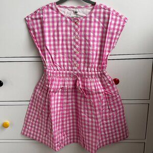 Primary pink and white gingham drawstring dress